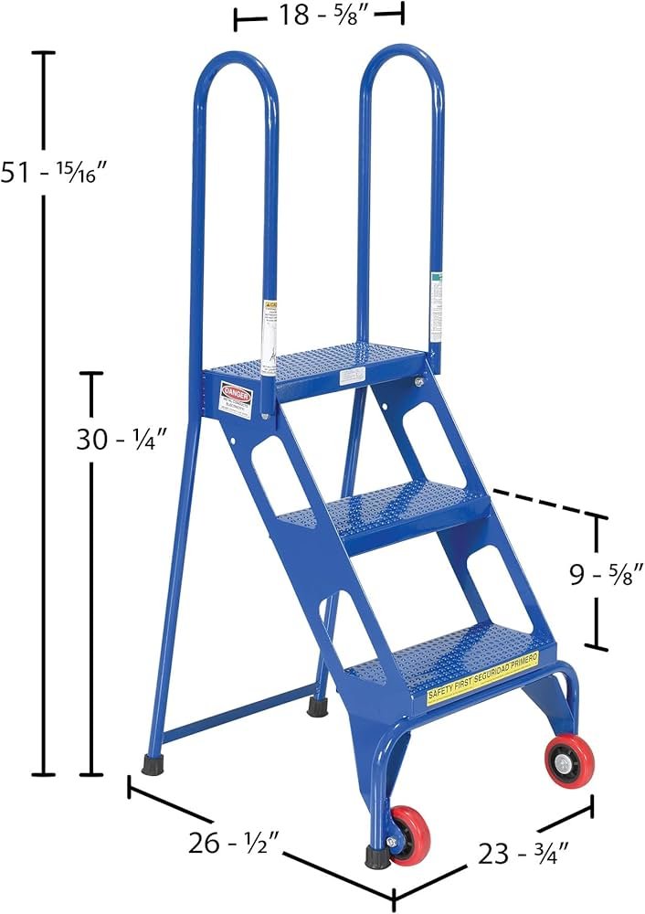 Vestil FLAD-3 Steel Folding Ladder with Wheels 3 Step 350 Lb